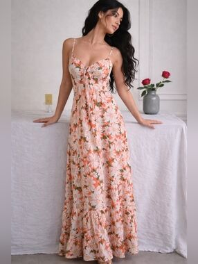 Small Medium Floral Spaghetti-Strap Maxi Dress in Peach & White Sunflowers Sprin